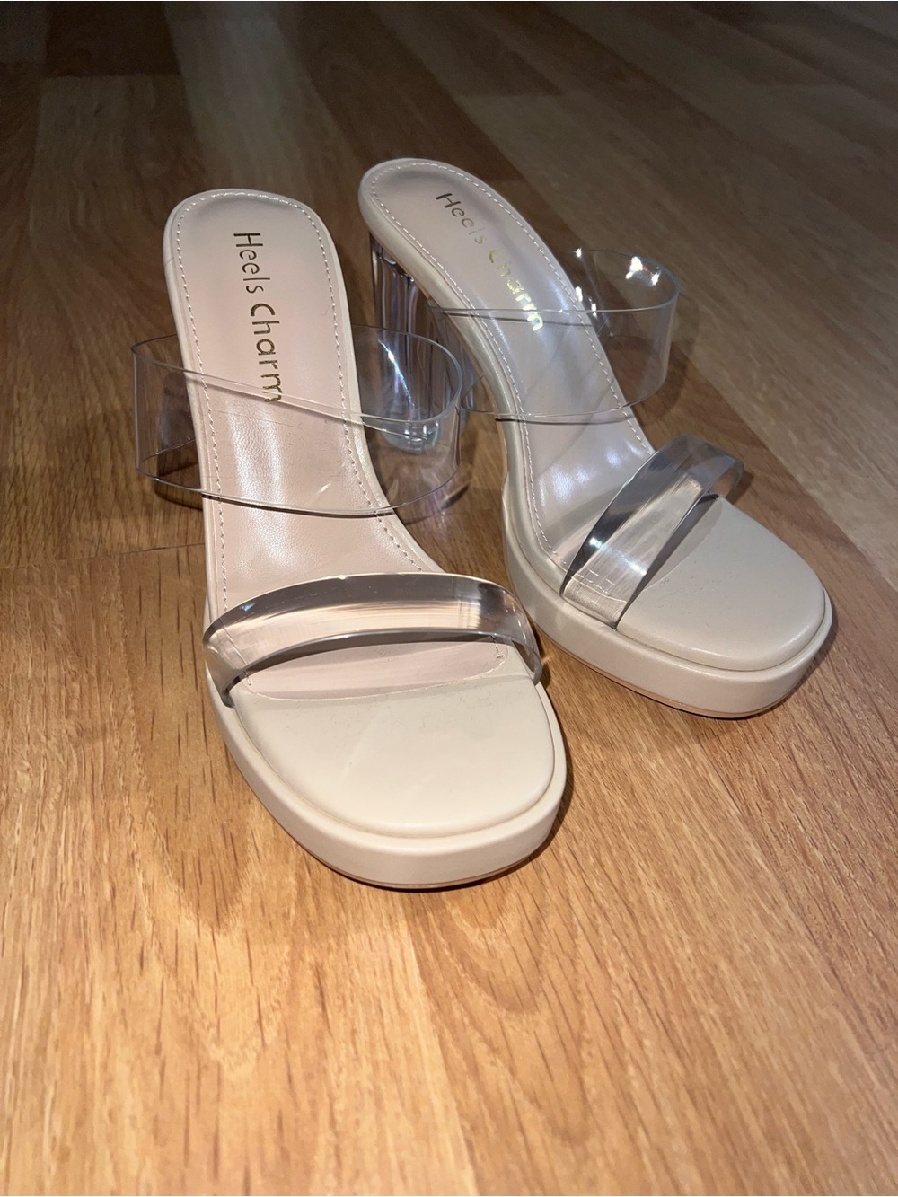 Women's Clear Strap Beige Slide Heels Size 5.5